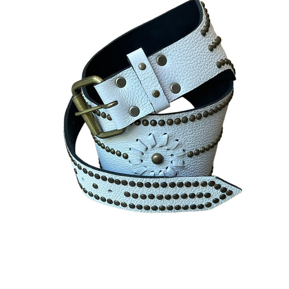 Vintage White Studded Wide Hand Made Leather Belt Women\'s Size 34
